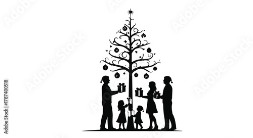 Family exchanging gifts around a decorated Christmas tree, celebrating togetherness and joy