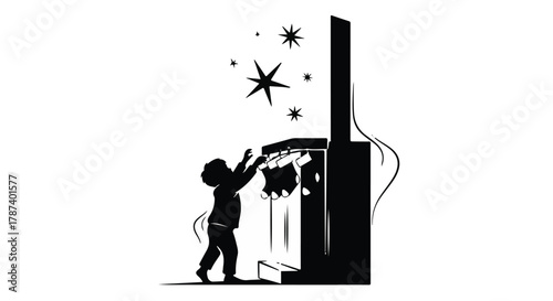 Child reaching for stars above a glowing fireplace, symbolizing wonder and imagination