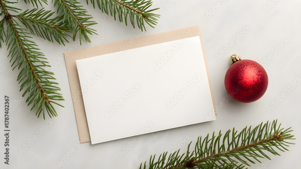 Obraz premium Blank white greeting card and craft envelope, elegantly surrounded by fresh pine branches and a red bauble, ready for festive Christmas messages