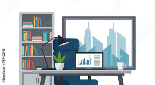 Modern office workspace with a desk, chair, bookshelf, and a laptop displaying a financial chart, overlooking a city skyline.