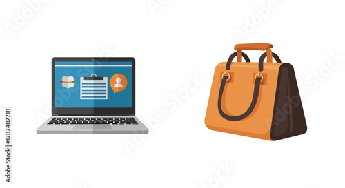 Illustration of a laptop and a handbag on a white background. The laptop screen displays a calendar and a person icon.