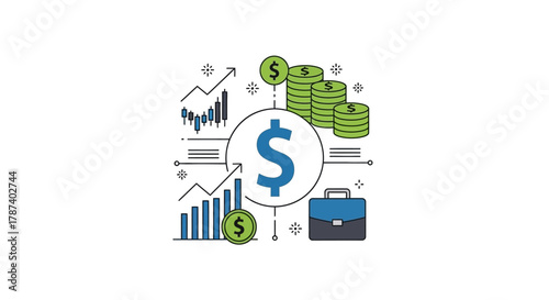 Financial growth and investment concept with charts, coins, and briefcase.