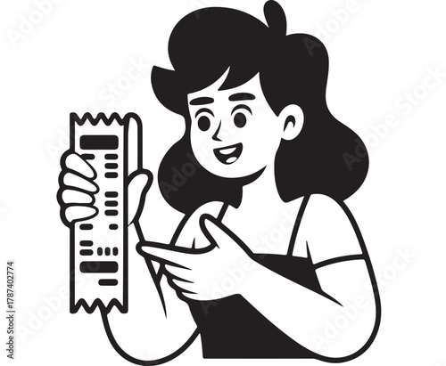A smiling woman holding a long paper receipt, representing concepts of personal finance, budgeting, and tracking consumer expenses