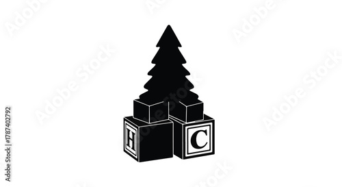 Playful holiday illustration with stacked blocks and a festive evergreen tree.