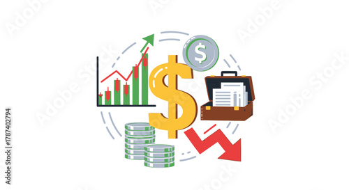 Financial growth and decline illustration with dollar sign, chart, and briefcase.