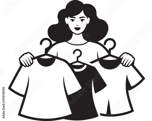 Stylized black and white illustration of a woman choosing from t-shirts on hangers, symbolizing wardrobe organization, shopping, and fashion decisions