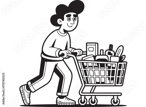 Man Pushing Shopping Cart Filled with Groceries | Black and White Line Art Illustration