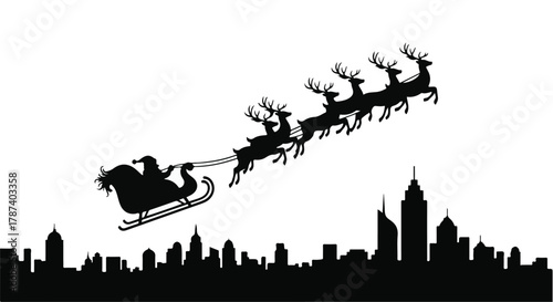 Santa Claus flying his sleigh and reindeer over a city skyline at night.