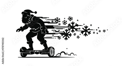Santa Claus rides a hoverboard with a trail of snowflakes and motion blur, celebrating modern Christmas fun.