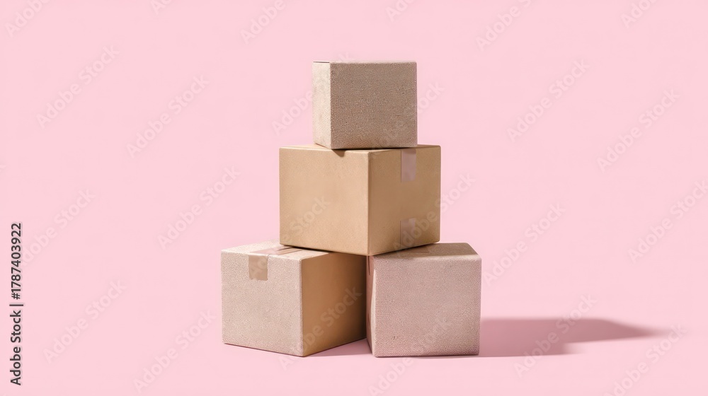 Obraz premium Minimalist cardboard boxes arranged in a pyramid shape on a pink background represent a modern shopping concept and evoke the convenience of online shopping.