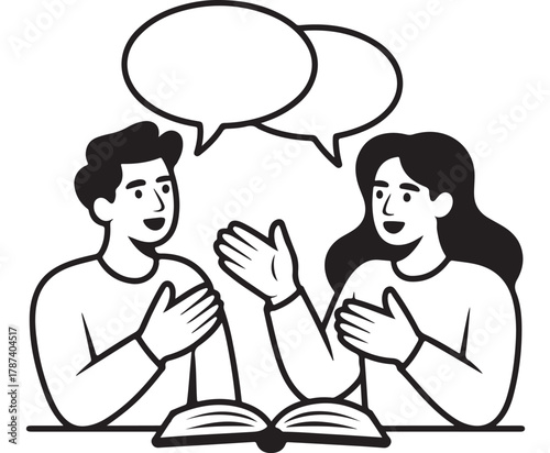 Engaged conversation between two individuals with speech bubbles and an open book, symbolizing collaborative learning, effective communication, and the exchange of ideas in a discussion setting