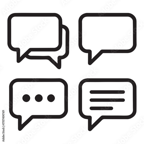 Simple black and white speech bubble icons depicting communication messaging and dialogue for various digital interfaces