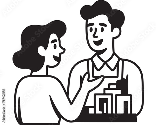 A friendly male vendor in an apron presents product samples on a tray to a smiling female customer in a store