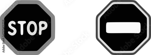 Stop and No Entry road signs in black and white.