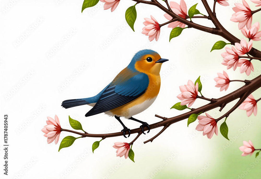Obraz premium a close-up of a small bird perched on a branch of a tree. The bird is facing towards the right side of the image and appears to be looking towards the left side. It