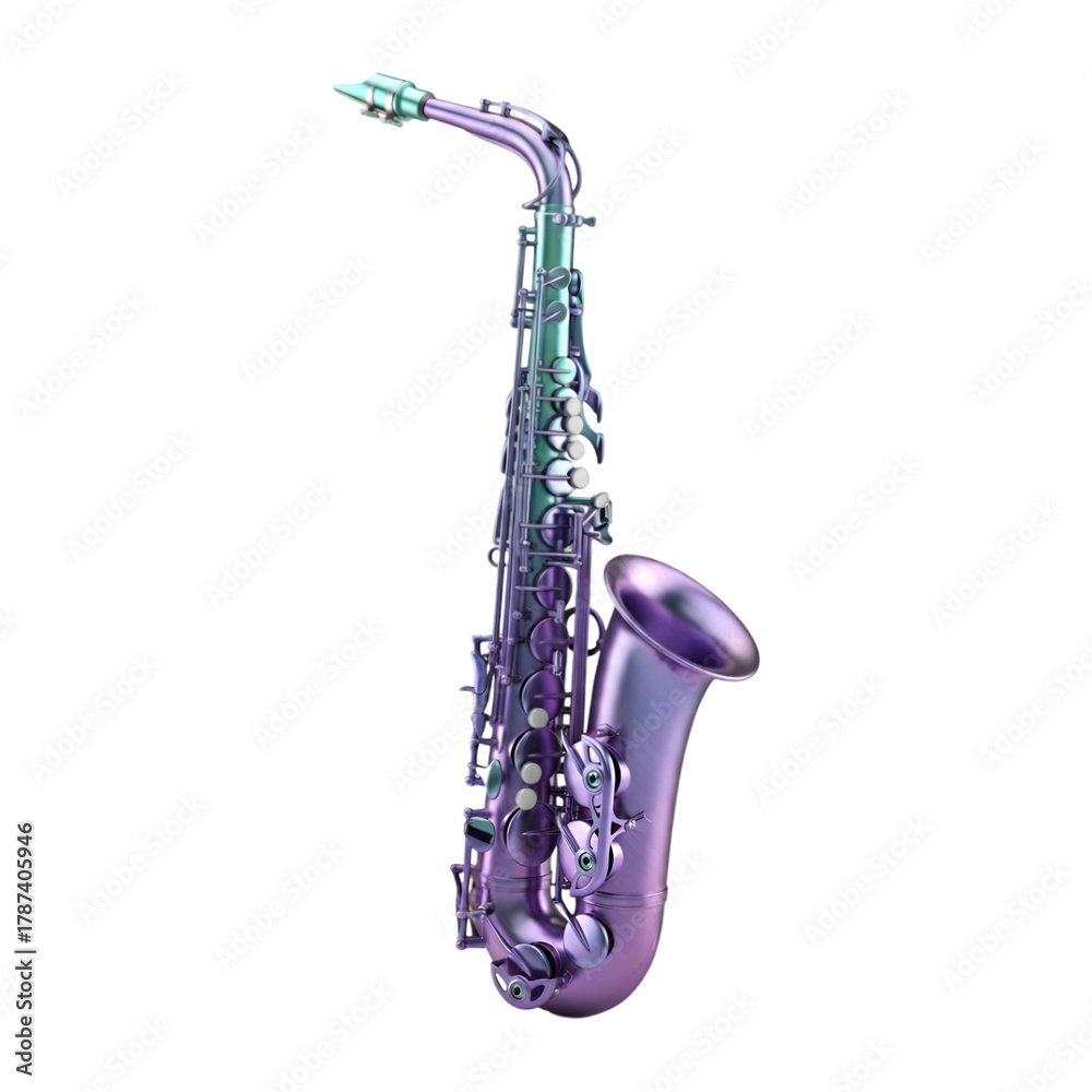 Obraz premium Iridescent Purple and Teal Saxophone Against Black Background