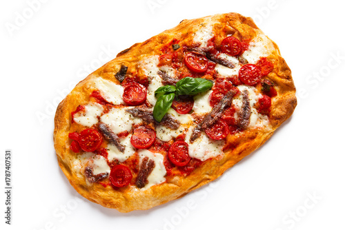 Pinsa romana con alici e pomodorini, cibo italiano 