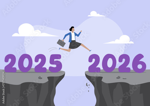 Confident businesswoman attempt to jump high overcome risk 