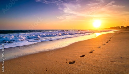 Golden sun sets over sandy beach as waves crash, footsteps in the sand, colorful sky