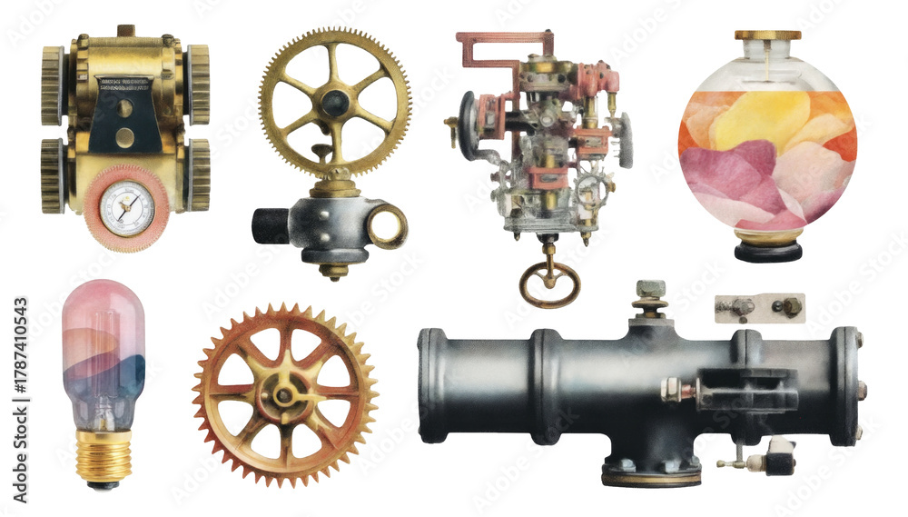 Obraz premium Vintage Steampunk Gadgets with Transparent Background for Creative Projects
