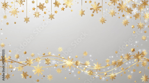 Elegant golden snowflakes and shimmering lights, perfect for festive holiday backgrounds and celebratory designs with a touch of luxury.