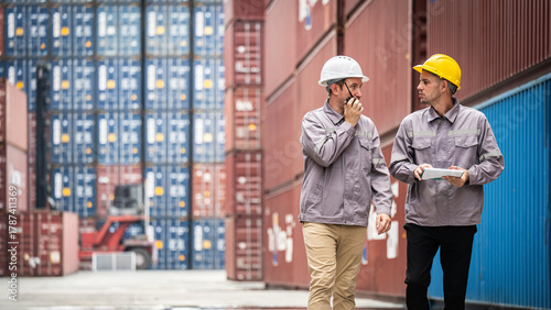 Canvastavla Two men in construction gear are walking through a warehouse