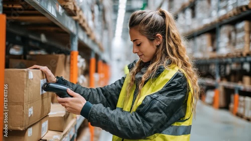 Warehouse worker scans barcode on box in busy logistics center during daytime, showcasing attention to detail and organization in inventory management