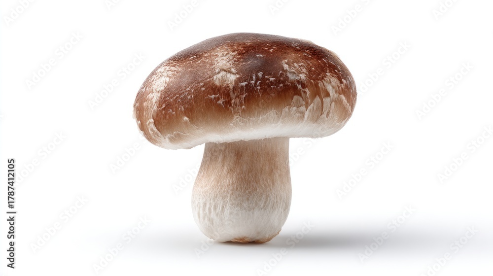 Fototapeta premium Single, large mushroom with a dark brown cap and a thick, off-white stem, isolated on a bright white background; showing subtle textural details