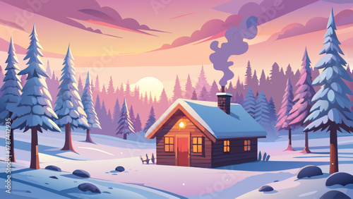 Peaceful snowy winter morning featuring a small wooden cabin surrounded by frosted pine trees, soft pink sunrise light illuminating the snow, smoke gently rising from the chimney, evoking warmth