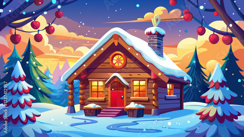 Picturesque wooden cabin in snowy countryside, roof blanketed in snow, adorned with Christmas ornaments, red ribbons, and glowing lanterns, smoke rising from chimney