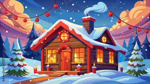 Picturesque wooden cabin in snowy countryside, roof blanketed in snow, adorned with Christmas ornaments, red ribbons, and glowing lanterns, smoke rising from chimney