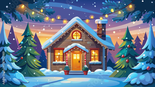 Charming countryside house covered in snow, beautifully decorated with twinkling Christmas lights, wreaths, and garlands, soft glow shining through frosted windows, surrounded by pine trees