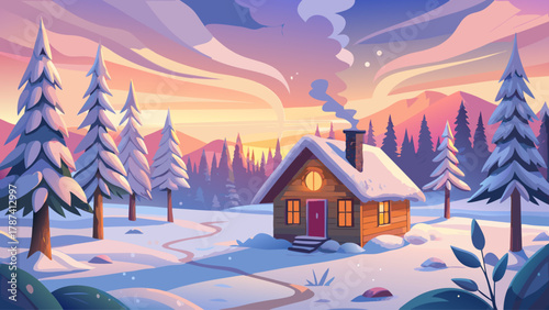 Peaceful snowy winter morning featuring a small wooden cabin surrounded by frosted pine trees, soft pink sunrise light illuminating the snow, smoke gently rising from the chimney, evoking warmth