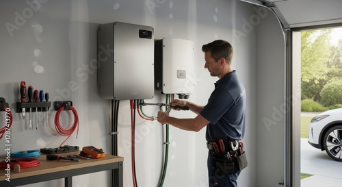 Professional electrician installing a home battery system in a garage for energy storage and backup power during grid outages and emergencies