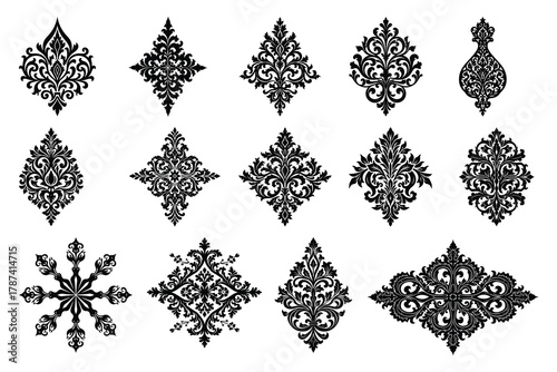 Black damask ornamental elements on white background