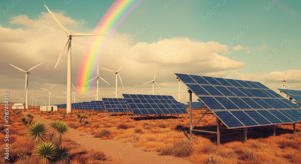 Obraz premium Solar panels and wind turbines in a desert landscape under a rainbow, symbolizing renewable energy and environmental sustainability for the future