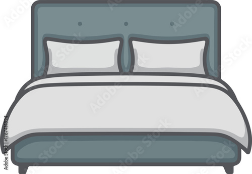Overhead view vector graphic of a comfortable bed with two pillows and a pulled back duvet for home interiors