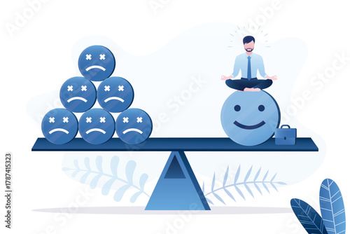 Emotions balance on scales. Mental health, positive thinking. Male character sitting in yoga pose balancing between negative emotions and good mood