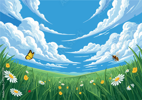 Idyllic summer meadow with blooming daisies, a butterfly, and a bee under a vast blue sky with fluffy clouds.
