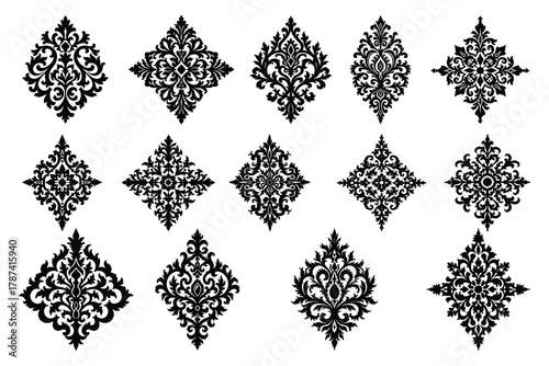 Black damask ornamental motifs on white background