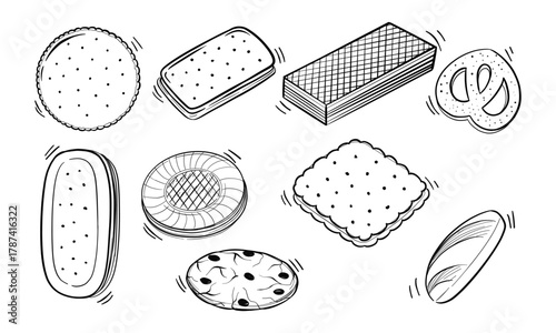 A Hand-Drawn Collection of Various Cookies and Crackers