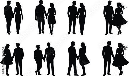 Couple silhouettes holding hands woman