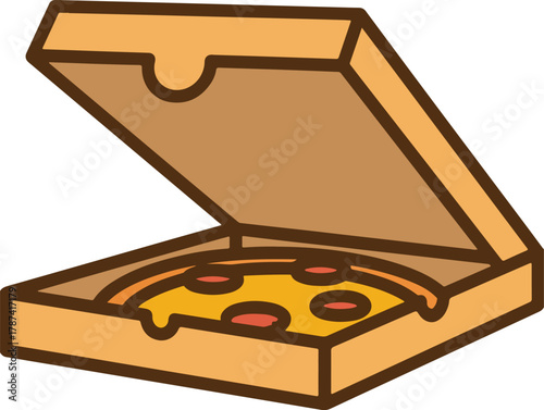 Pizza vector icon in an open cardboard box with melted cheese and pepperoni toppings prepared for delivery