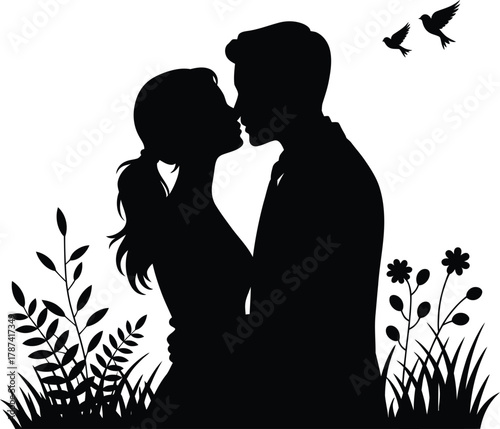 Couple kissing silhouette with birds and flowers woman