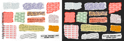 Ripped paper strips with handwritten text. Realistic crumpled paper scraps with torn edges. Shreds of notebook, book or old newspaper pages. Trendy collage elements. Vector illustration.