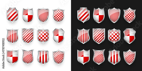 Glossy shield with red and black pattern. Security and protection concept. Cyber safety icons, internet privacy, web defense, digital data protection and antivirus themes. Vector illustration.