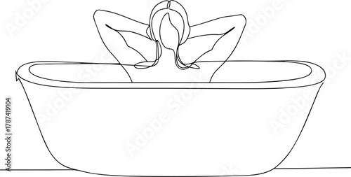 Woman relaxing in bathtub continuous line drawing hygiene
