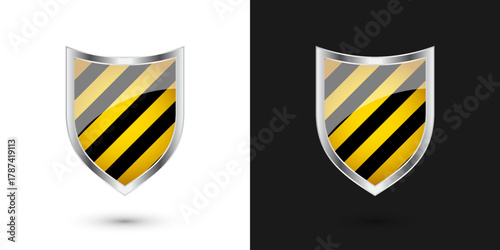 Glossy shield with yellow and black pattern. Security and protection concept. Cyber safety icons, internet privacy, web defense, digital data protection and antivirus themes. Vector illustration.