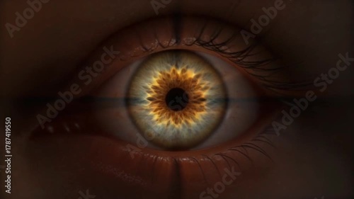 3D animation of the human eye adjusting focus — lens changing shape, pupil dilation, and light rays converging on the retina. Realistic textures, macro cinematic perspective