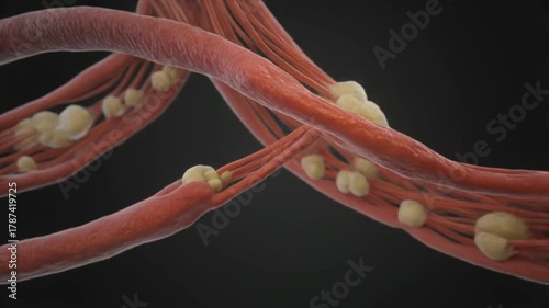 Detailed 3D close-up of muscle fibers contracting and relaxing. Actin and myosin filaments slide together, showing microscopic biochemical motion in realistic lighting